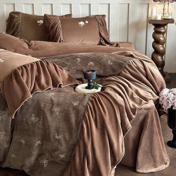 Bedding Set Microfiber Velvet Butterfly Embroidery 4-Piece