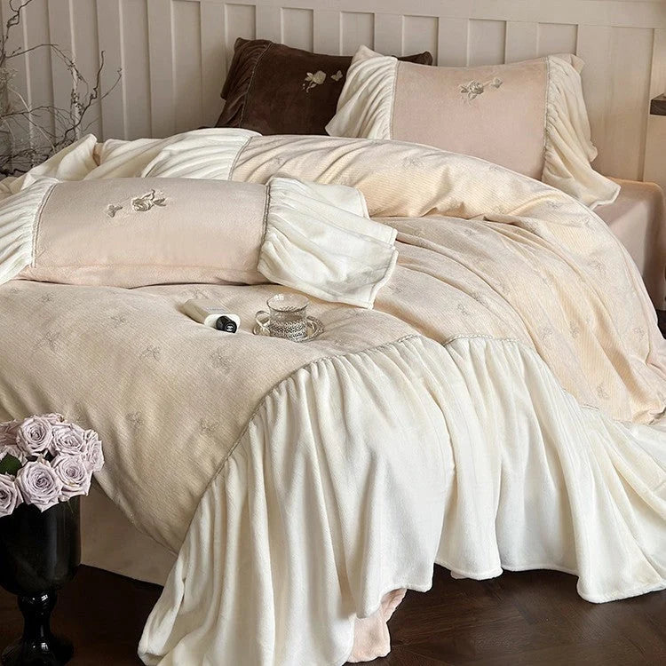 Bedding Set Microfiber Velvet Butterfly Embroidery Ruffled 4-Piece