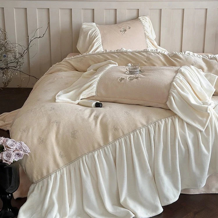 Bedding Set Microfiber Velvet Butterfly Embroidery Ruffled 4-Piece