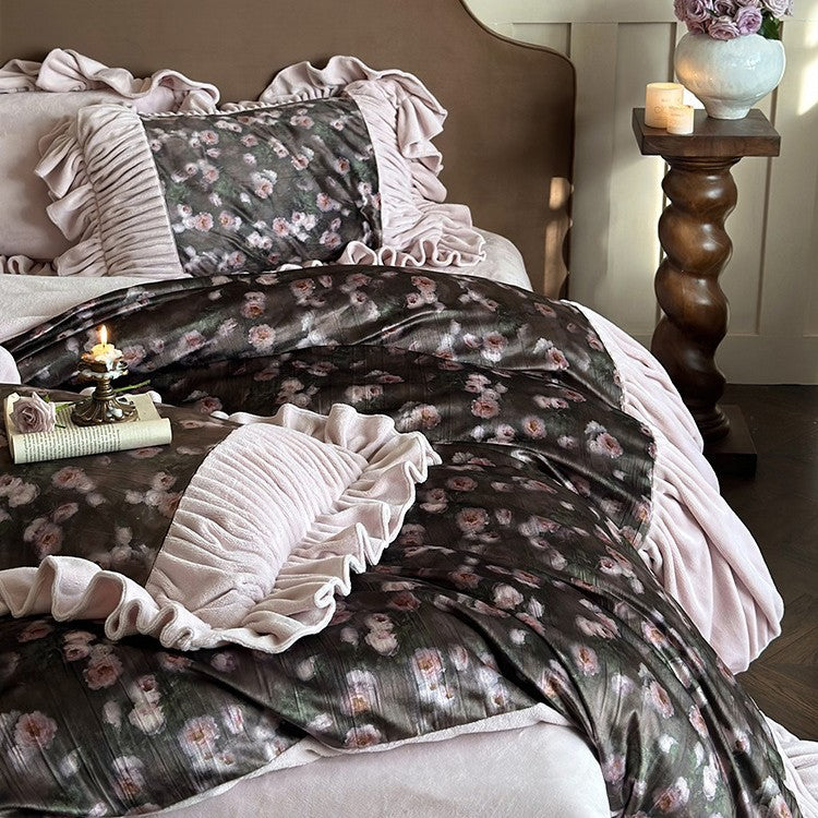 Bedding Set Microfiber Velvet Floral Ruffled 4-Piece Set