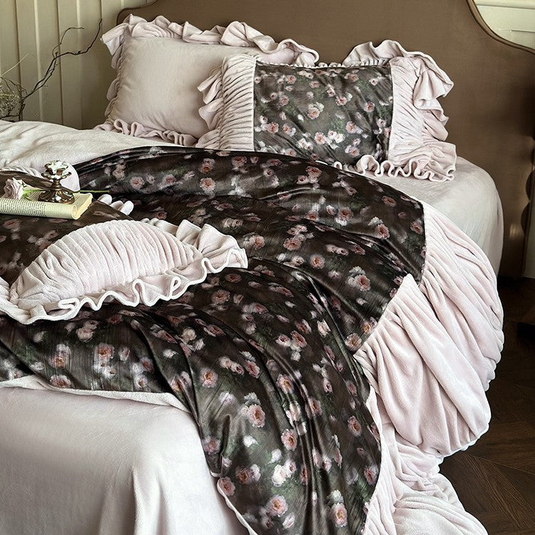 Bedding Set Microfiber Velvet Floral Ruffled 4-Piece Set