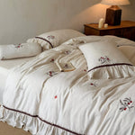 Bedding Set Natural Linen Cherry Embroidery & Ruffled Edge