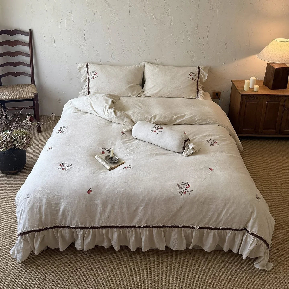 Bedding Set Natural Linen Cherry Embroidery & Ruffled Edge