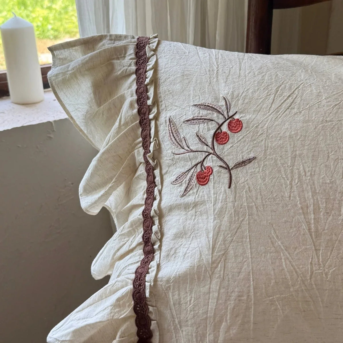 Bedding Set Natural Linen Cherry Embroidery & Ruffled Edge