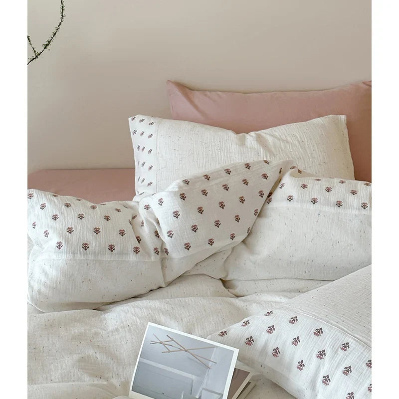 Bedding Set Organic Cotton Muslin Floral Dot Embroidery