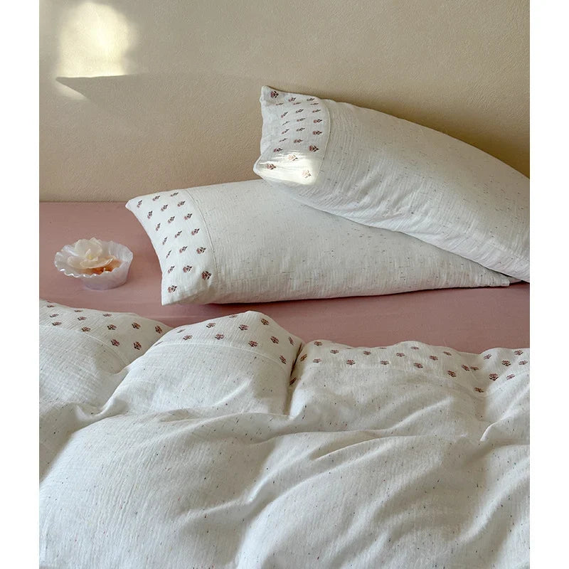 Bedding Set Organic Cotton Muslin Floral Dot Embroidery