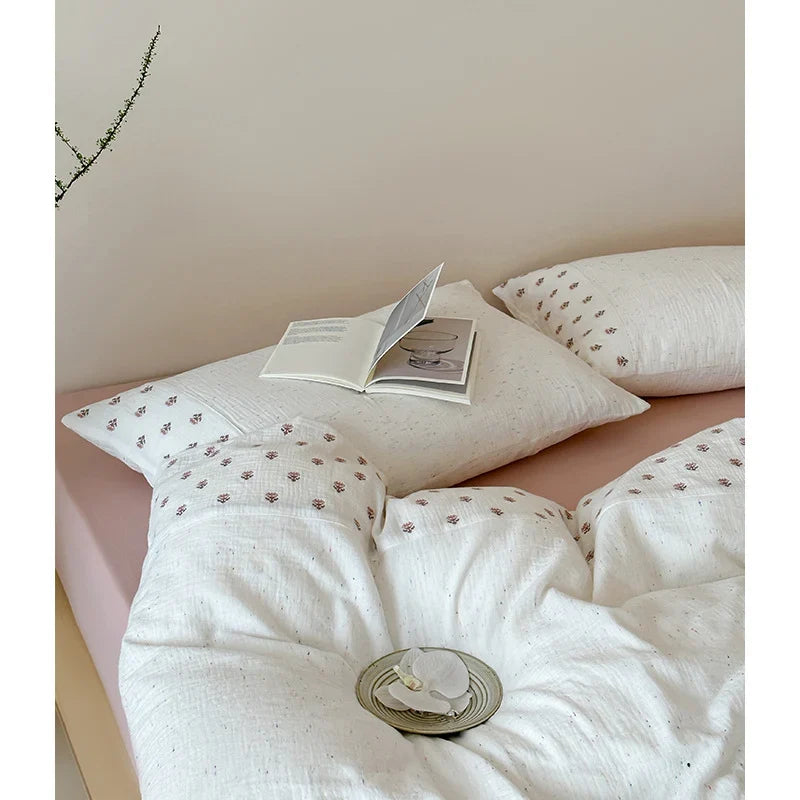 Bedding Set Organic Cotton Muslin Floral Dot Embroidery