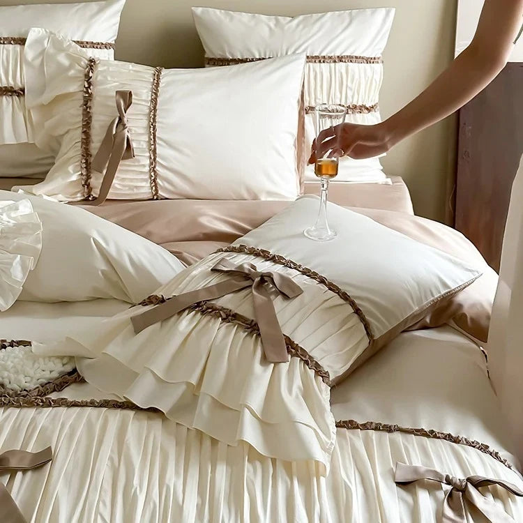 Bedding Set Pleated Ruffles & Bow Accents Cotton Blend