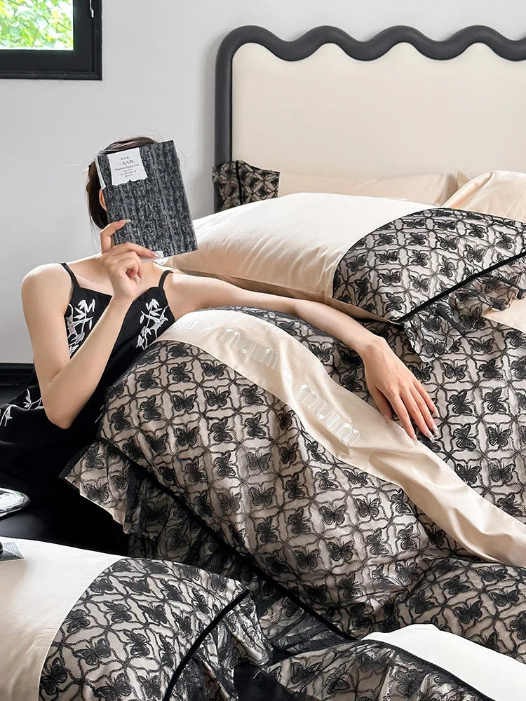 Bedding Set Reversible Cotton Satin Jacquard Borders & Ruffles
