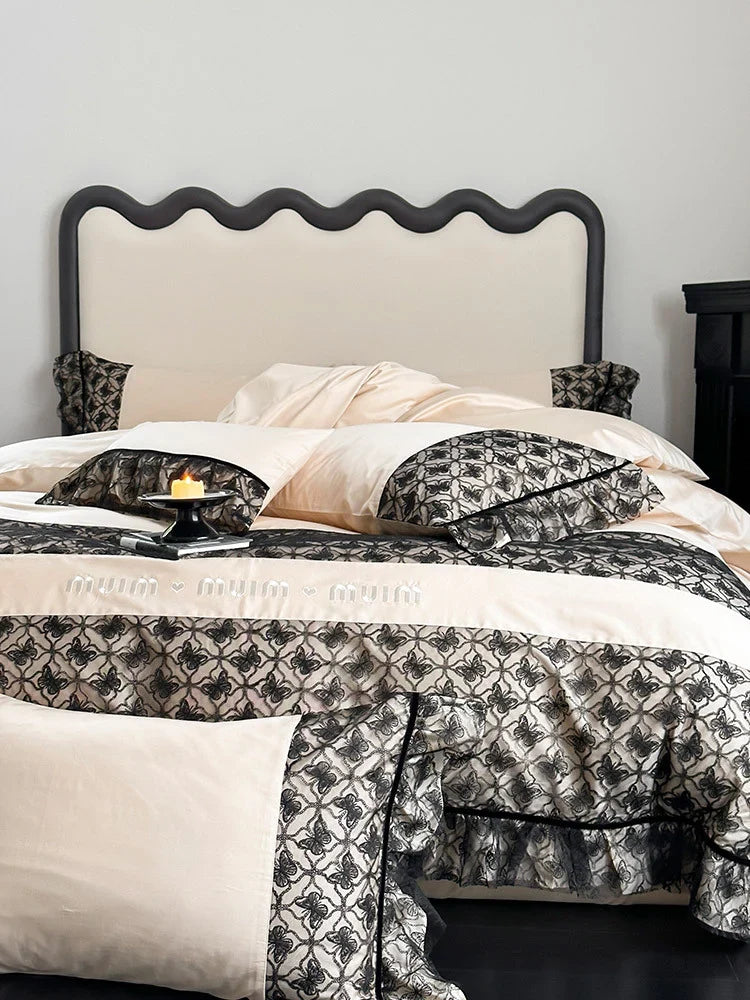 Bedding Set Reversible Cotton Satin Jacquard Borders & Ruffles