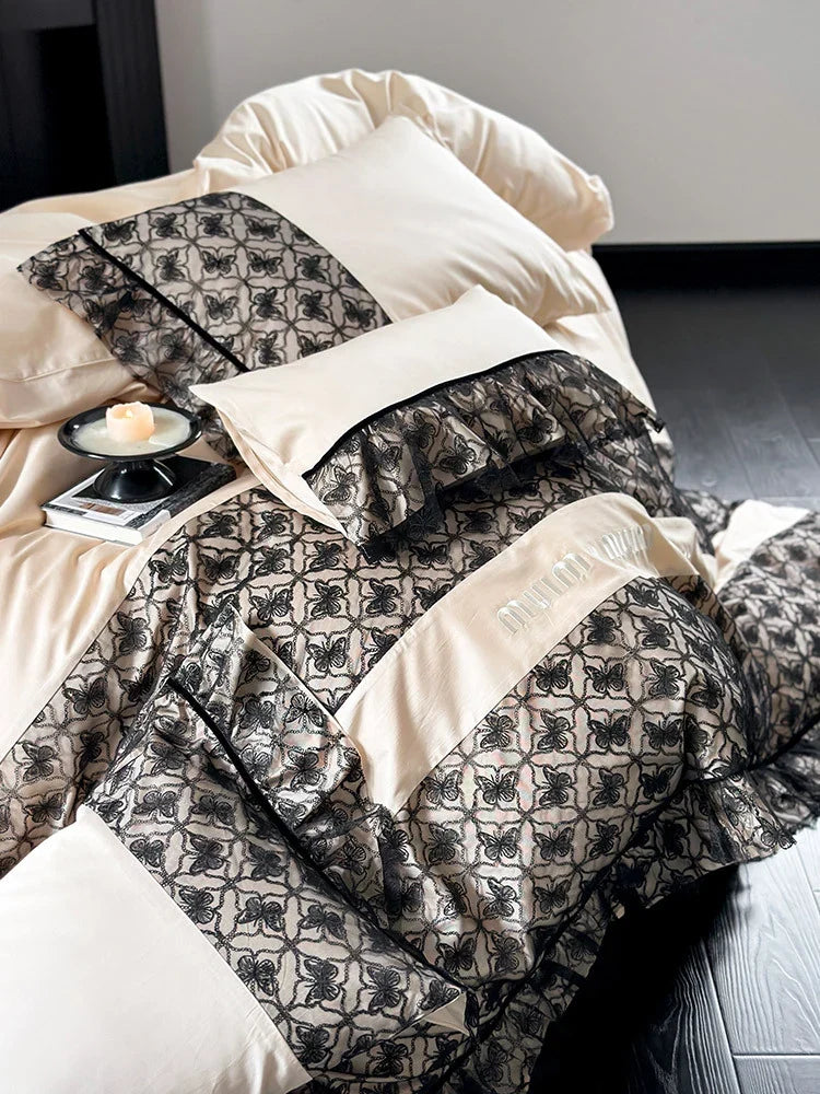 Bedding Set Reversible Cotton Satin Jacquard Borders & Ruffles