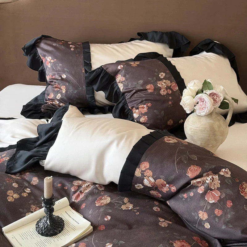 Bedding Set Reversible Cotton Satin Ruffle Trim Four-Piece