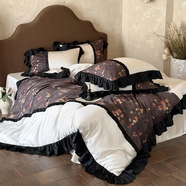 Bedding Set Reversible Cotton Satin Ruffle Trim Four-Piece