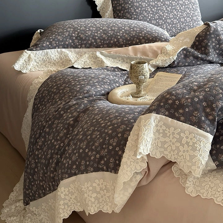 Bedding Set Reversible Floral Jacquard Lace Ruffle