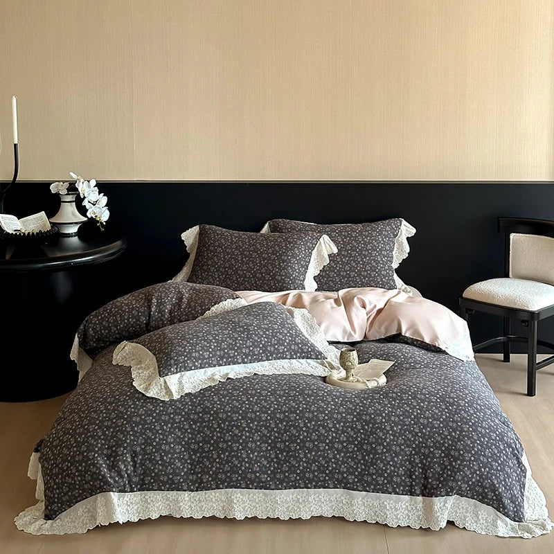 Bedding Set Reversible Floral Jacquard Lace Ruffle