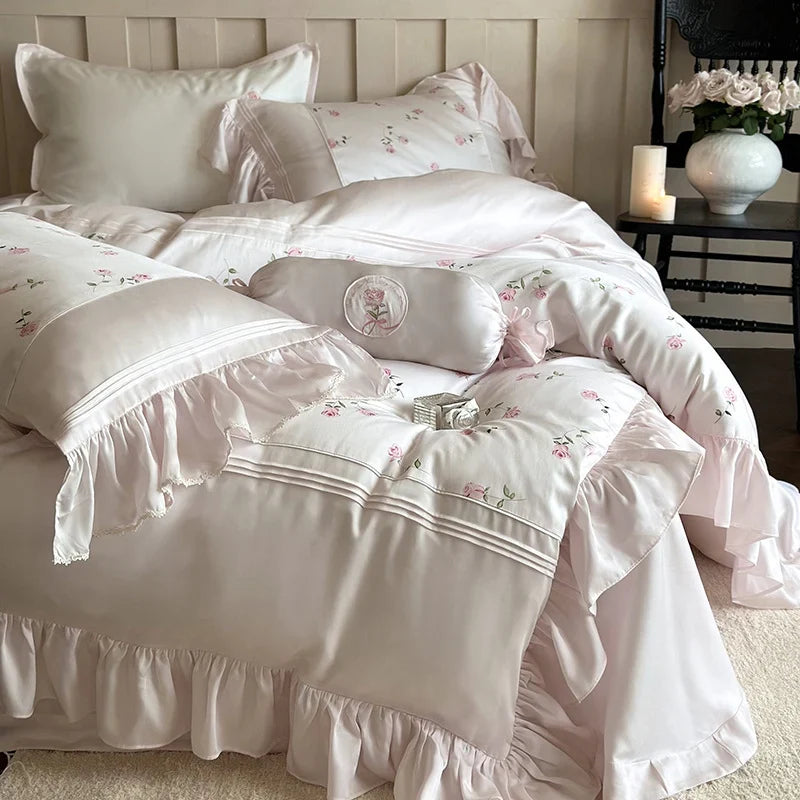 Bedding Set Rose Embroidery & Double Ruffle 4-Piece