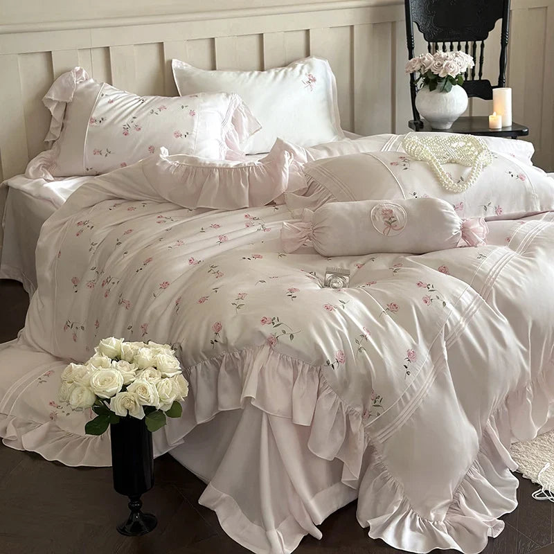 Bedding Set Rose Embroidery & Double Ruffle 4-Piece