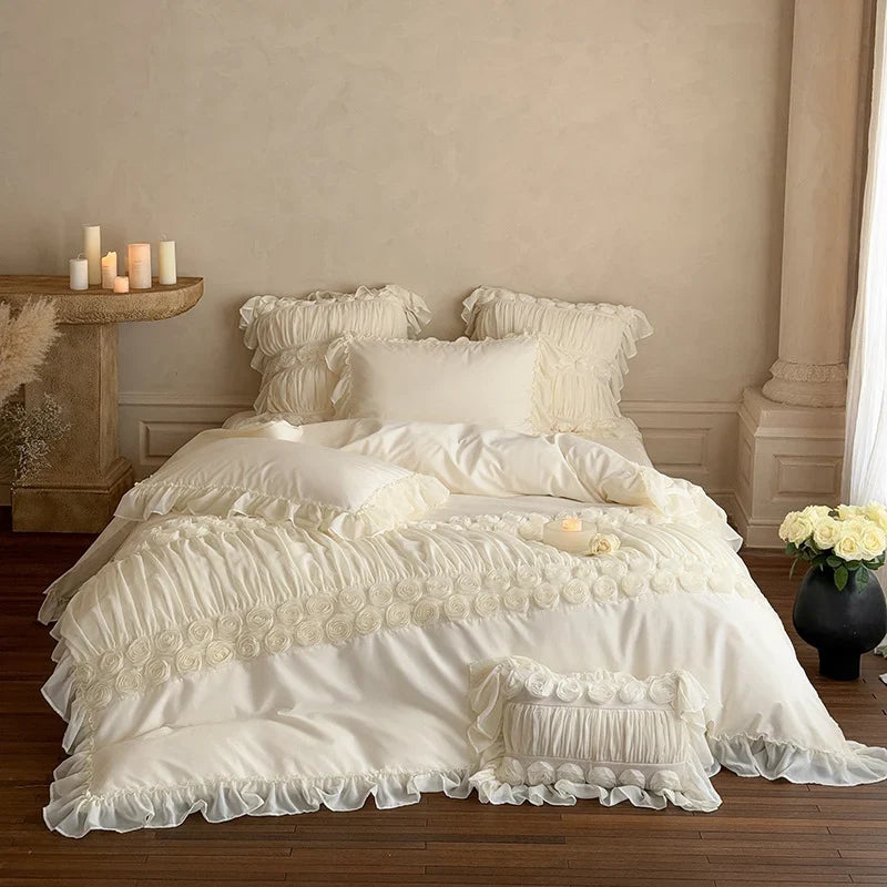 Bedding Set Ruffled Edges & Rose Appliqués Machine Washable