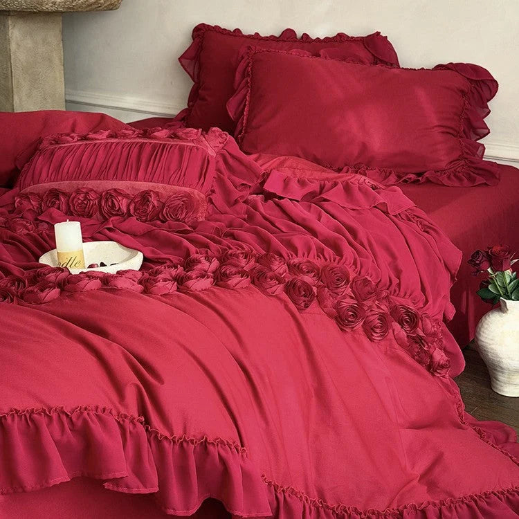Bedding Set Ruffled Rose Appliqués 4-Piece