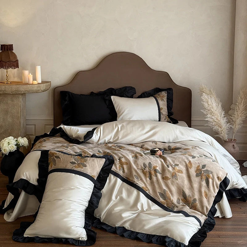Bedding Set Satin Botanical Jacquard Reversible Ruffled Edge 4-Piece