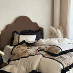 Bedding Set Satin Botanical Jacquard Reversible Ruffled Edge 4-Piece