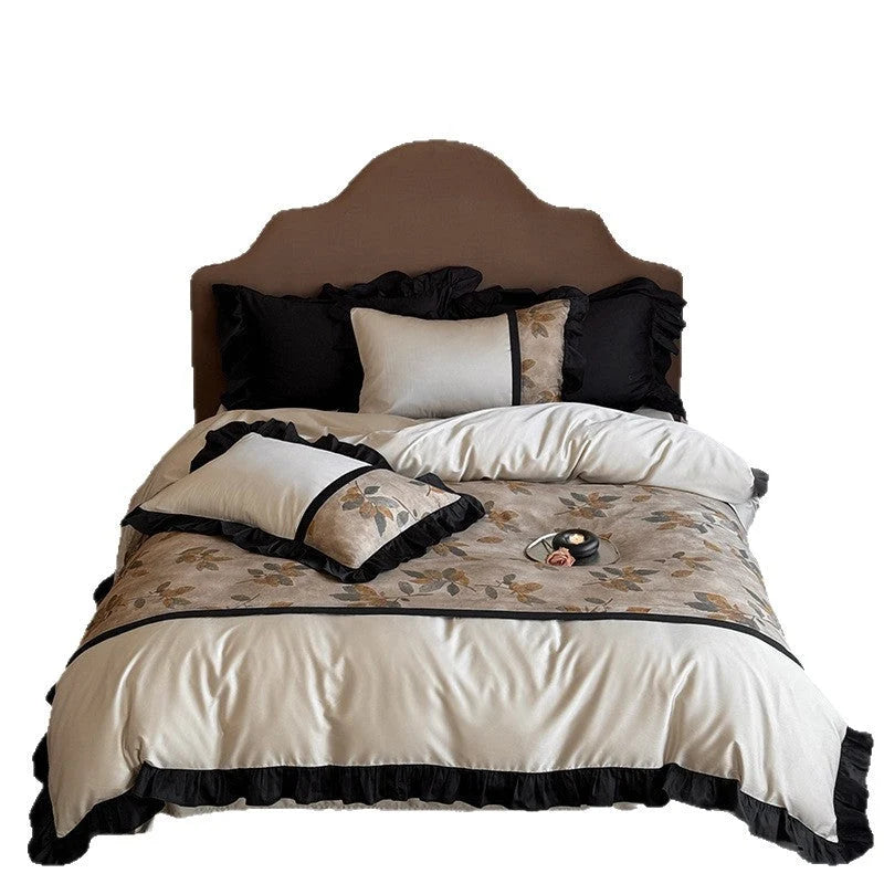 Bedding Set Satin Botanical Jacquard Reversible Ruffled Edge 4-Piece