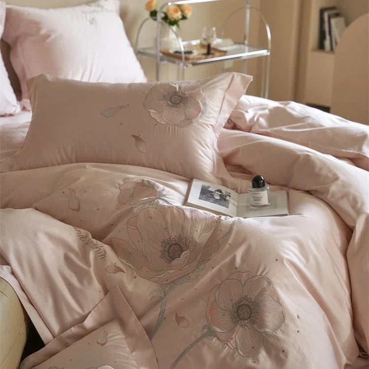 Bedding Set Satin Breathable Floral Relief Embroidery