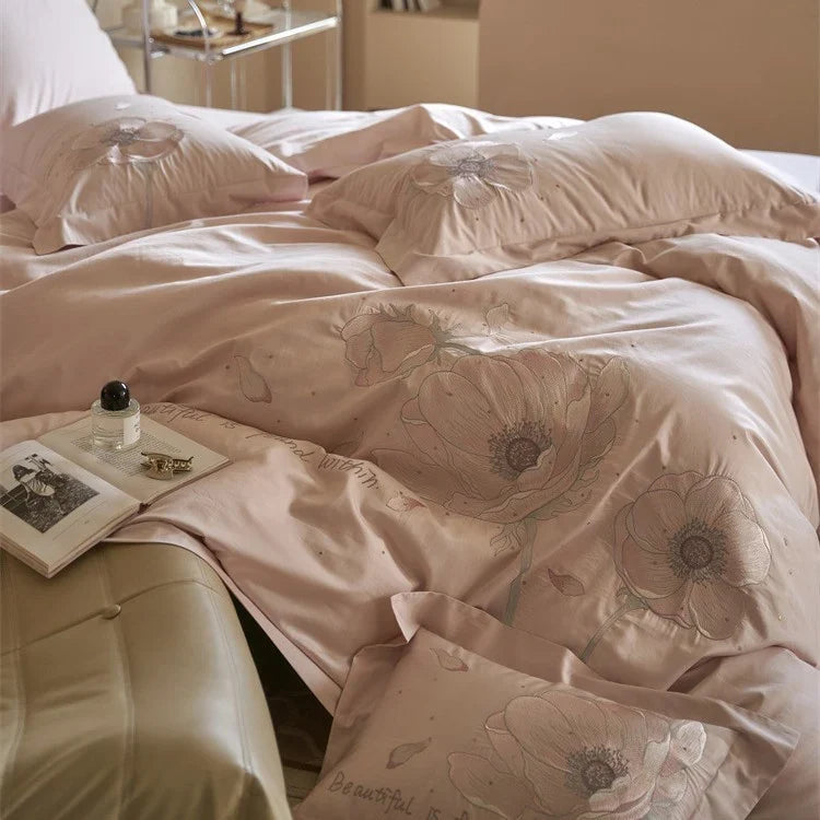 Bedding Set Satin Breathable Floral Relief Embroidery
