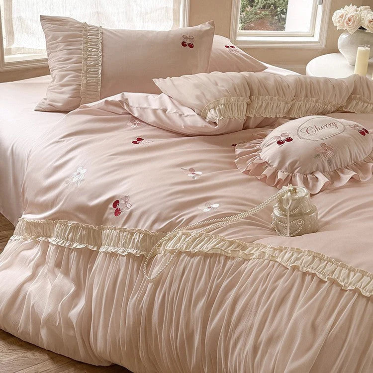 Bedding Set Satin Cherry Embroidery Ruffle 4-Piece Set