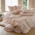 Bedding Set Satin Cherry Embroidery Ruffle 4-Piece Set