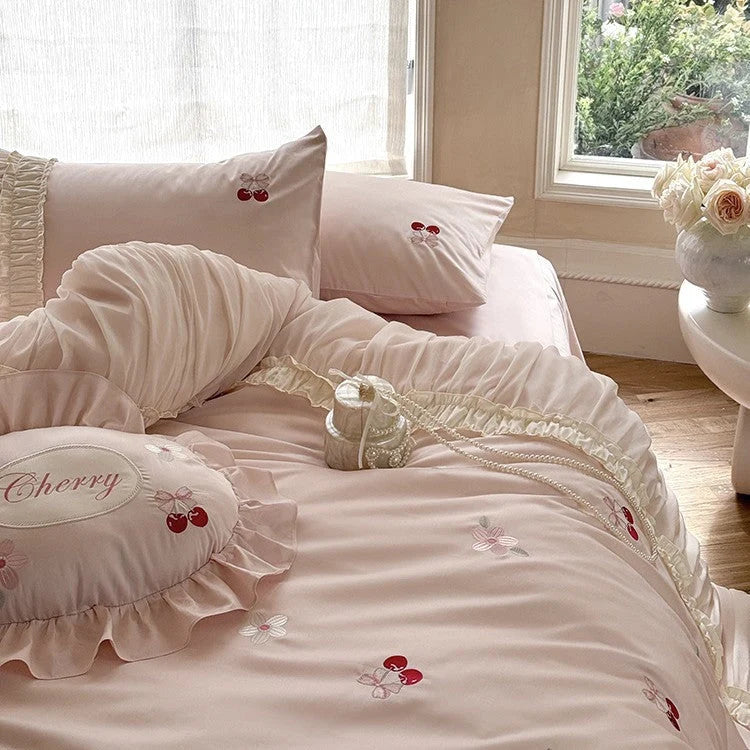 Bedding Set Satin Cherry Embroidery Ruffle 4-Piece Set