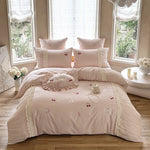 Bedding Set Satin Cherry Embroidery Ruffle 4-Piece Set