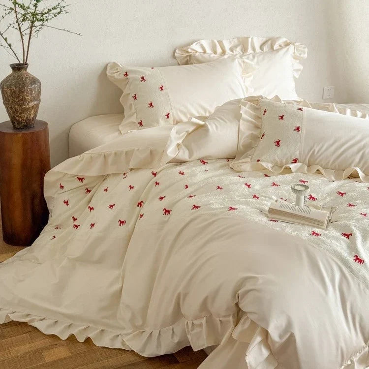 Bedding Set Satin Cotton Blend Ruffle Trim