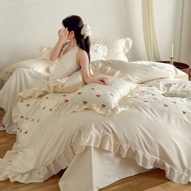 Bedding Set Satin Cotton Blend Ruffle Trim