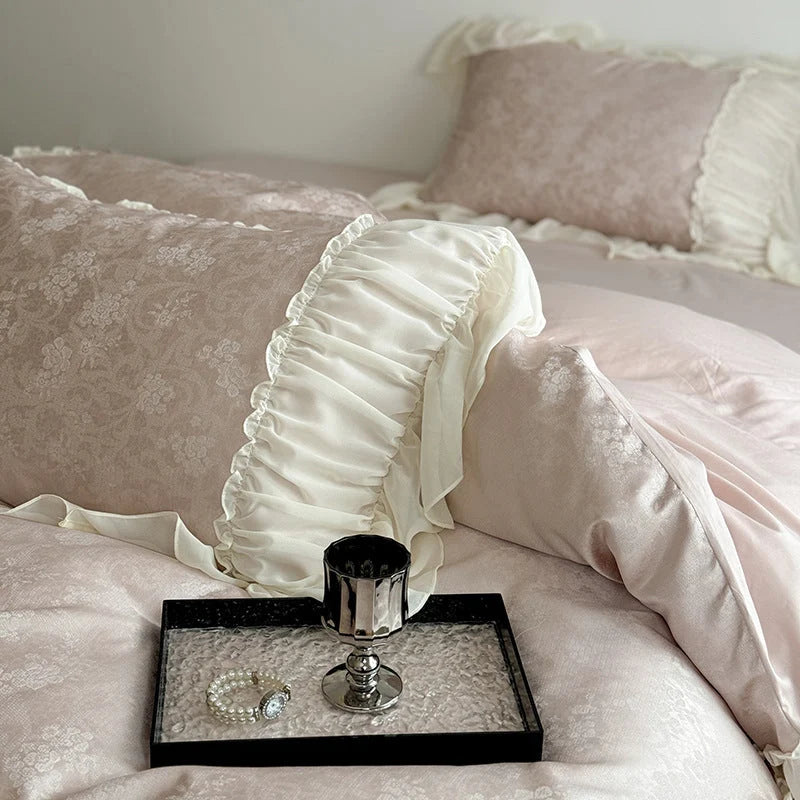 Bedding Set Satin Damask Pattern Ruffled Edges 4-Piece