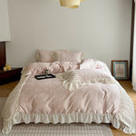 Bedding Set Satin Damask Pattern Ruffled Edges 4-Piece