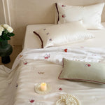 Bedding Set Satin Finish Floral Embroidery & Lace Trim
