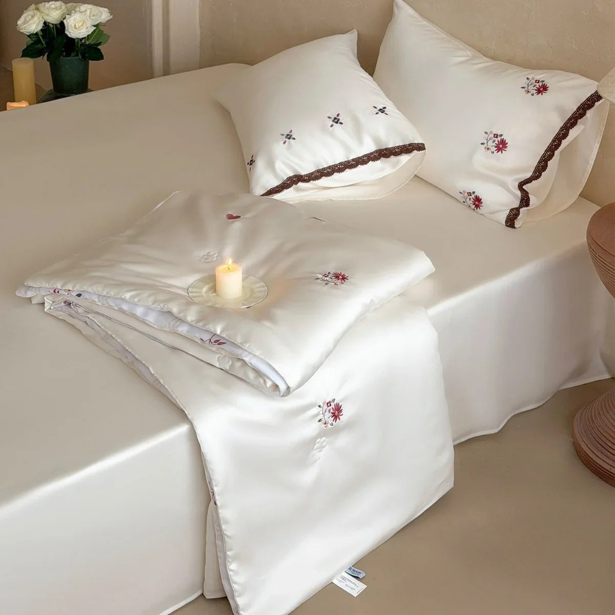 Bedding Set Satin Finish Floral Embroidery & Lace Trim