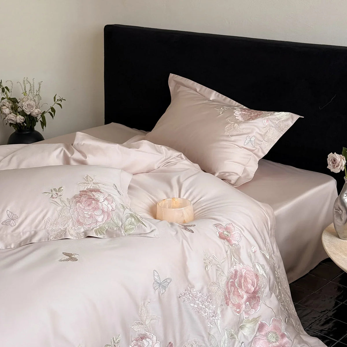 Bedding Set Satin Floral Embroidery 4-Piece