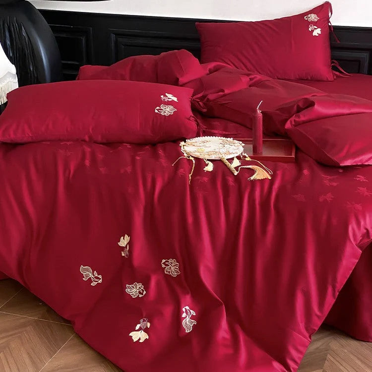 Bedding Set Satin Floral Embroidery 4-Piece Set