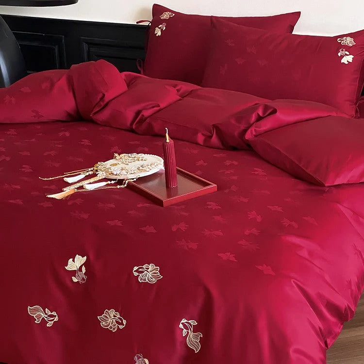 Bedding Set Satin Floral Embroidery 4-Piece Set