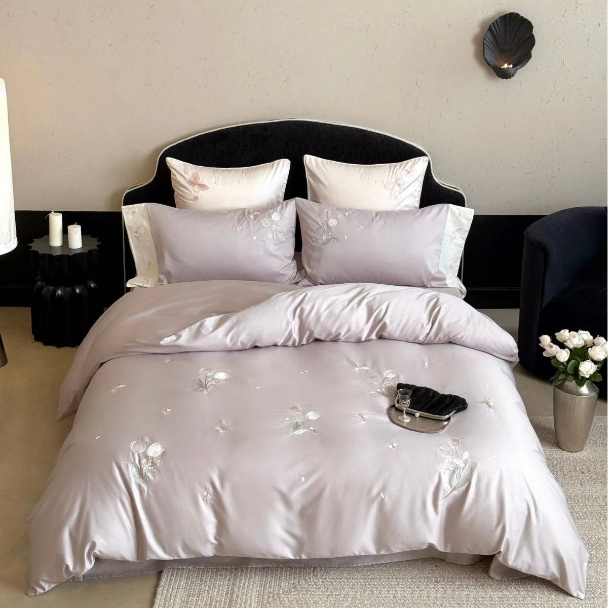 Bedding Set Satin Floral Embroidery Breathable Machine Washable