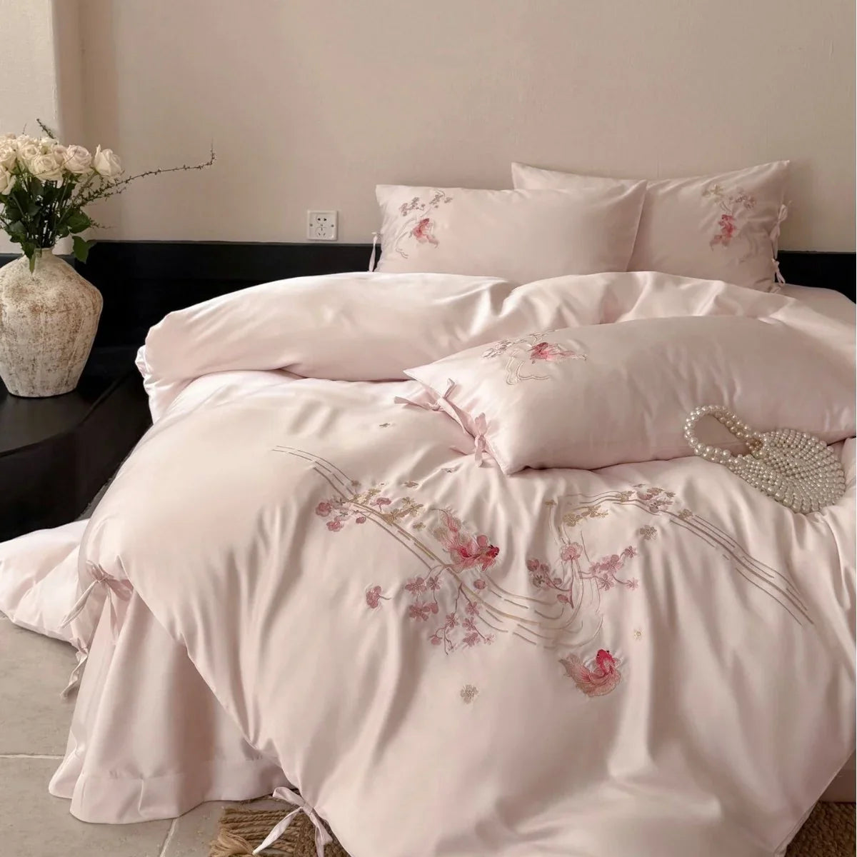 Bedding Set Satin Floral Embroidery Easy Care