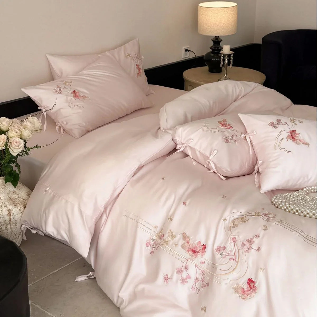 Bedding Set Satin Floral Embroidery Easy Care