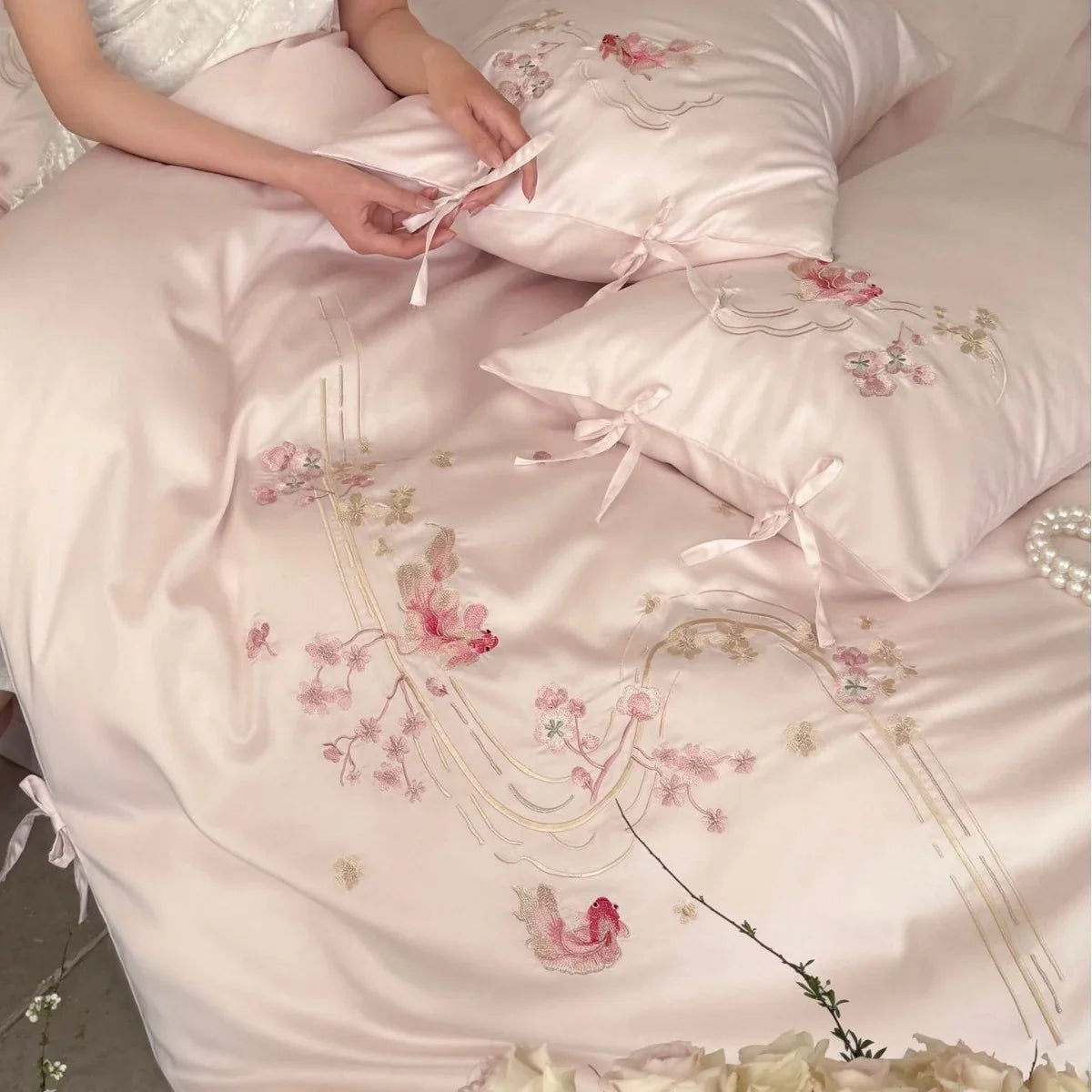 Bedding Set Satin Floral Embroidery Easy Care