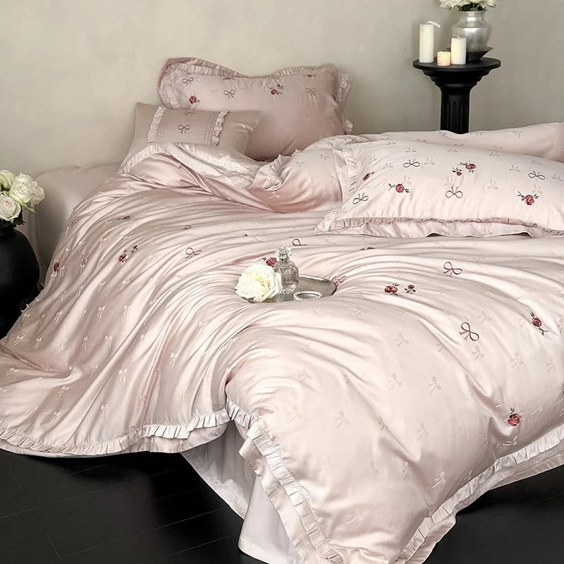 Bedding Set Satin Floral Embroidery & Ruffle Trim 4 Piece