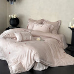 Bedding Set Satin Floral Embroidery & Ruffle Trim 4 Piece