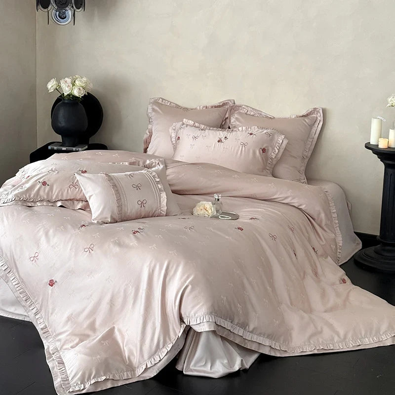 Bedding Set Satin Floral Embroidery & Ruffle Trim 4 Piece
