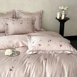 Bedding Set Satin Floral Embroidery & Ruffle Trim 4 Piece