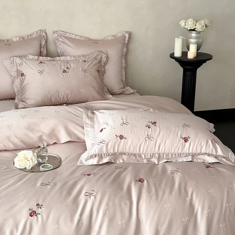 Bedding Set Satin Floral Embroidery & Ruffle Trim 4 Piece